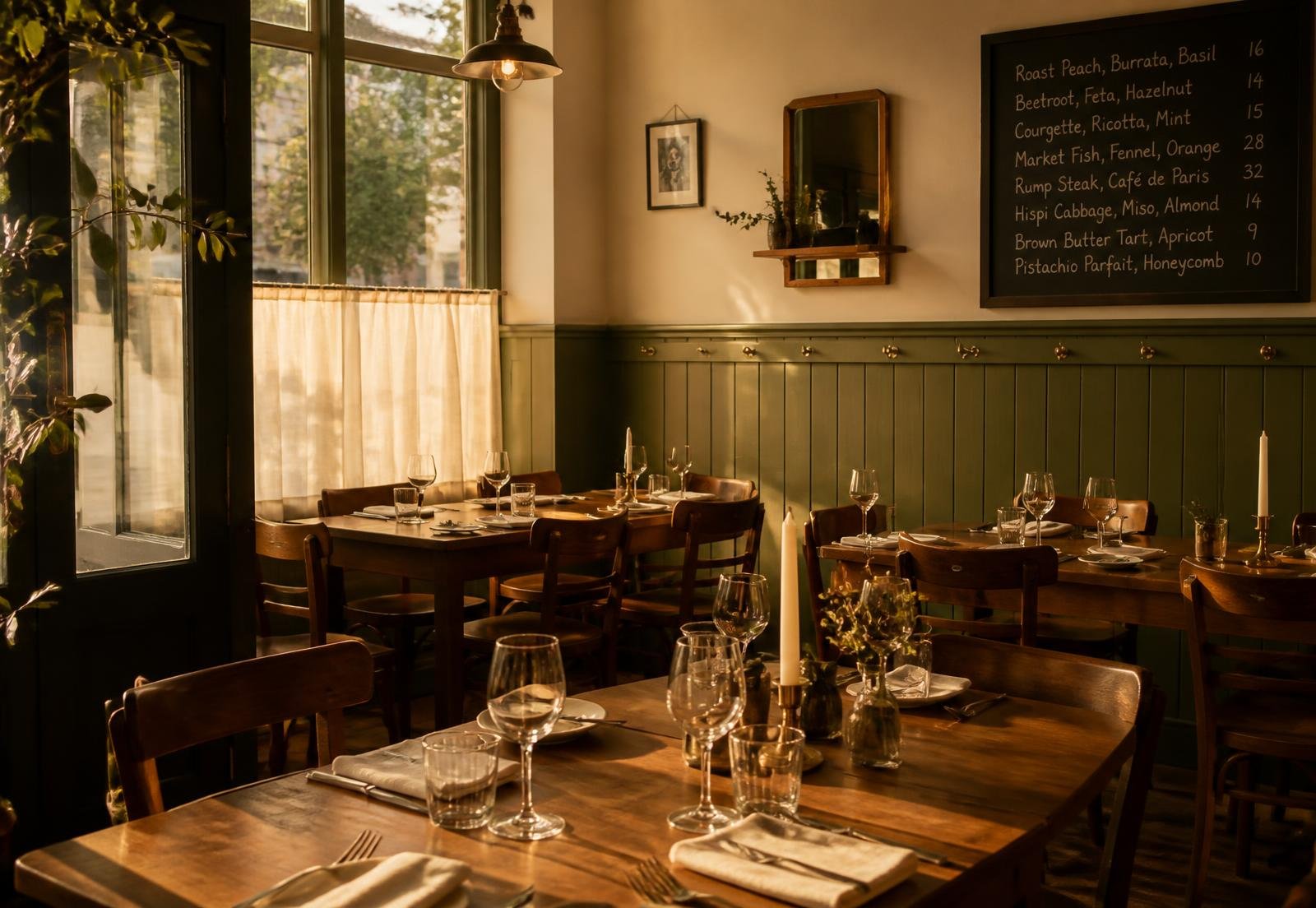 A warmly lit independent restaurant dining room set before service