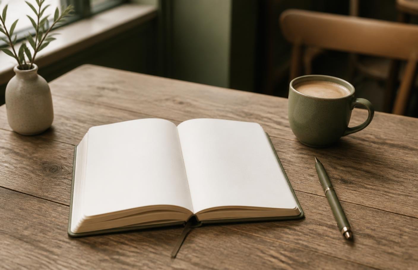 An open notebook and coffee on a wooden table in a quiet cafe