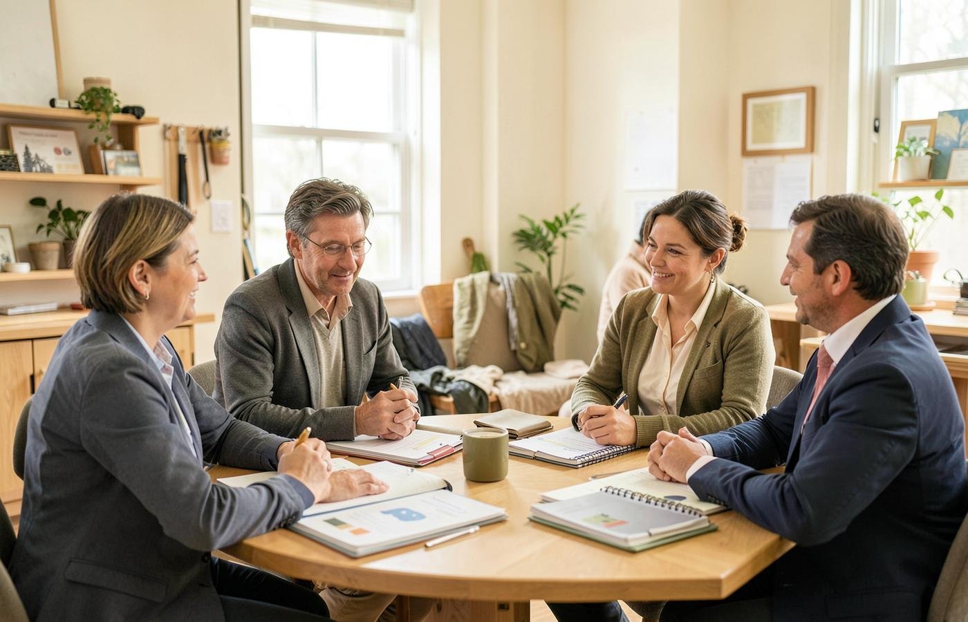 A small group of hospitality managers reviewing notes around a table